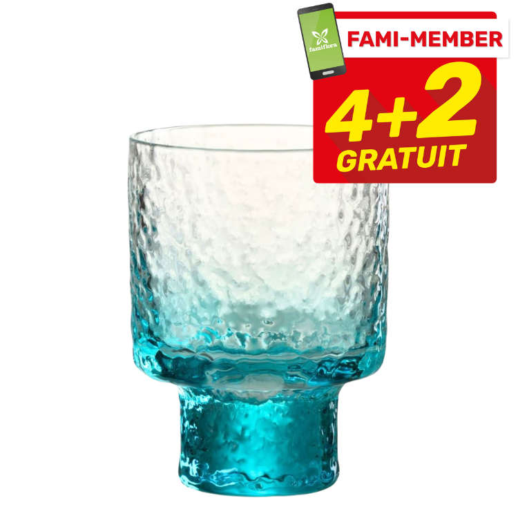 Textured teal hammered glass vase with short pedestal on white background, decorative drinking glass style with 4+2 promotional badge