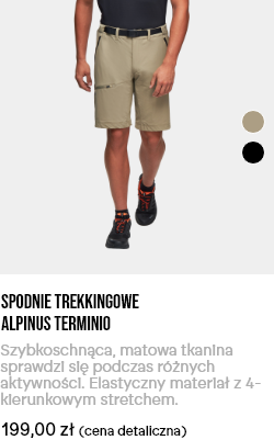 Men's khaki Alpinus Termino trekking shorts with belt and zip pockets, model wearing hiking shoes