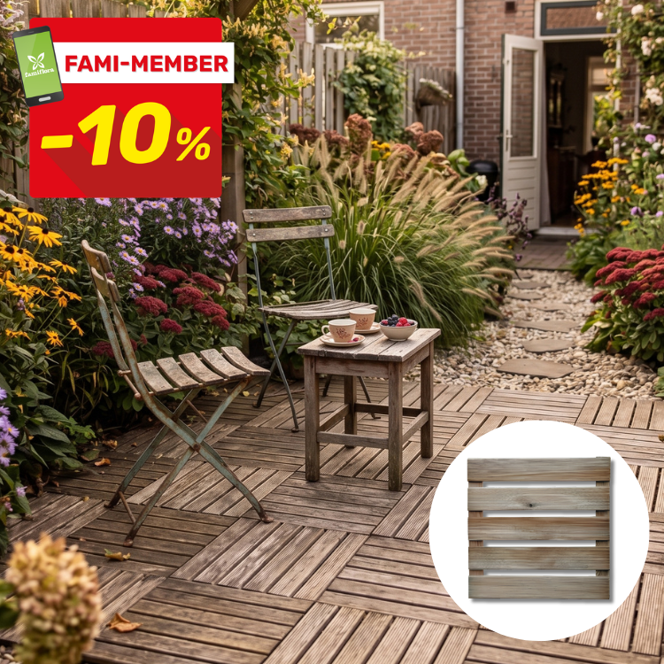 Small garden patio with wooden deck tiles, rustic bistro chairs and table with cups amid flowering borders; FAMI-MEMBER -10%