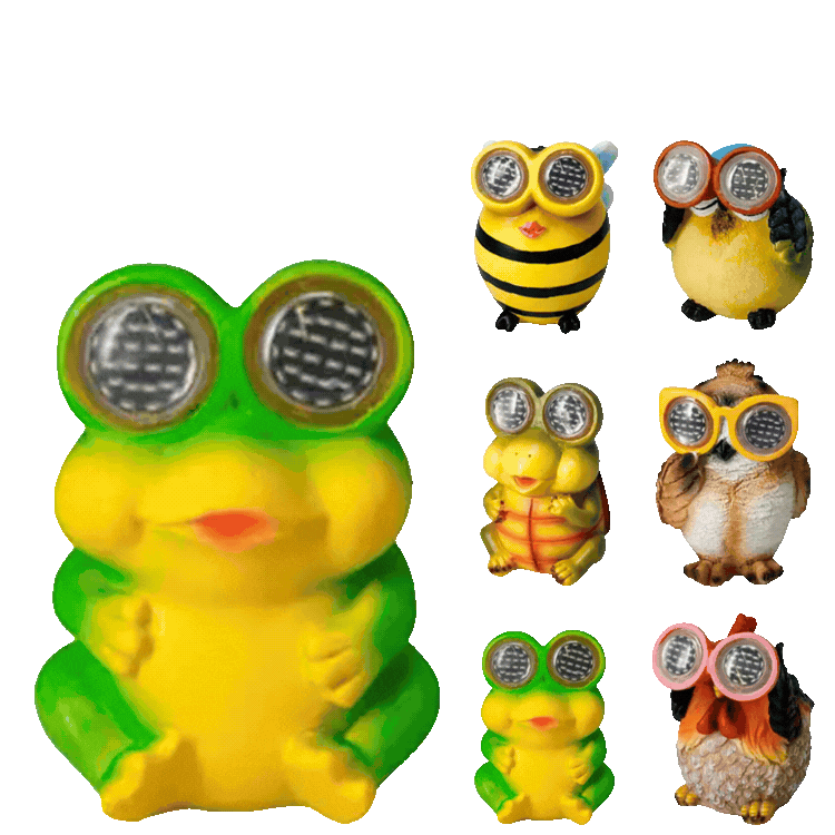Collection of colourful toy animal figurines with oversized reflective goggle eyes (frog, bee, chick, owl, fox, dog, cat) on white background