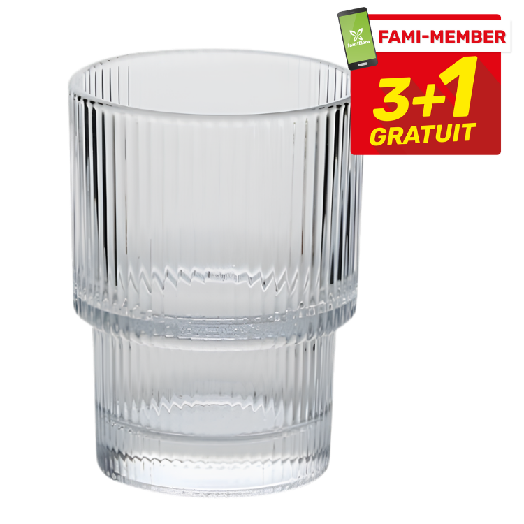 Clear ridged drinking glass with two-tier stacked design and red 'FAMI-MEMBER 3+1 gratuit' promotional badge