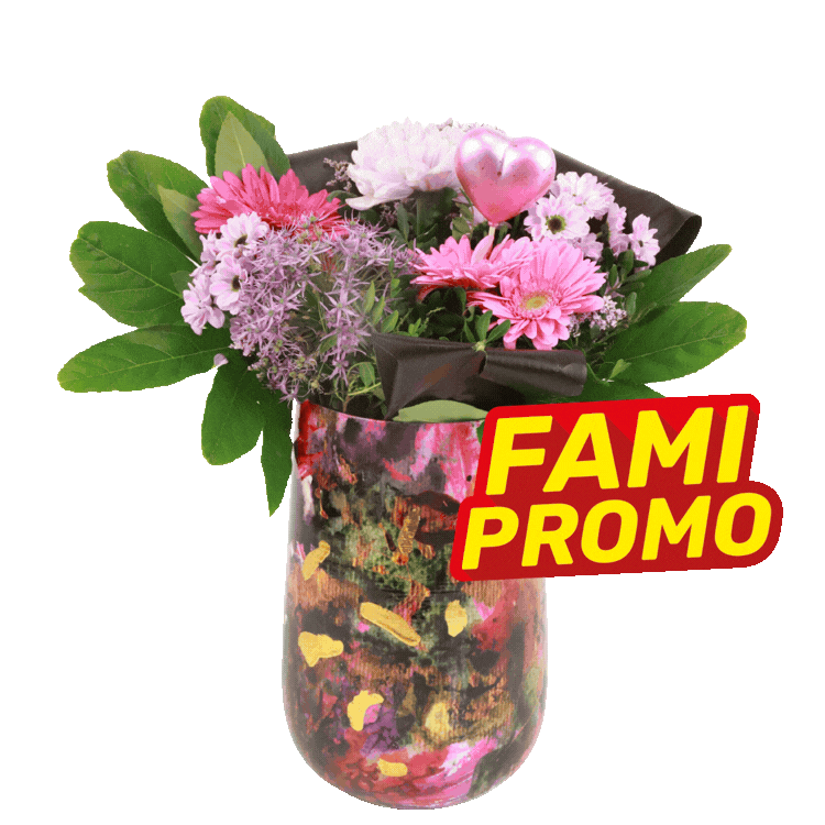 Five decorative glass jars each holding a different floral bouquet with green foliage and yellow-red "FAMI PROMO" labels on a white background