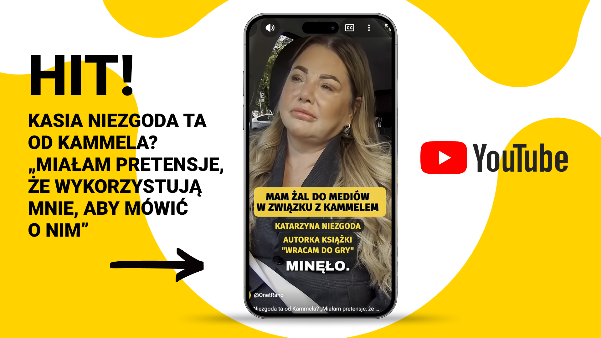 Miniatura YouTube: smartfon z portretem kobiety i nagłówkami o żalu do mediów i kontrowersyjnym wywiadzie