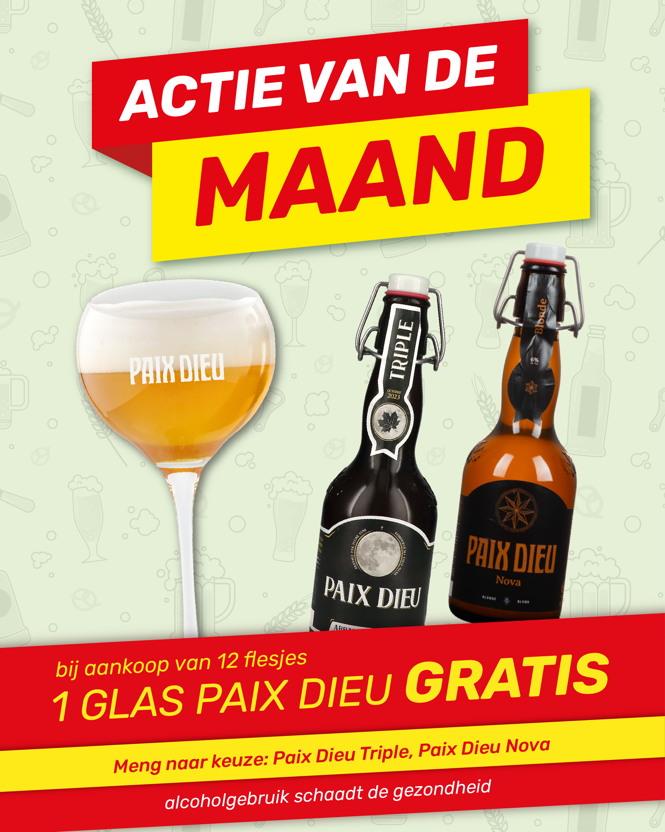 Promotional banner showing Paix Dieu beer bottles and a branded glass, offering a free glass when you buy 12 bottles