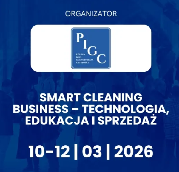 Event poster with PIGC logo: "Smart Cleaning Business – Technology, Education and Sales", 10–12 March 2026