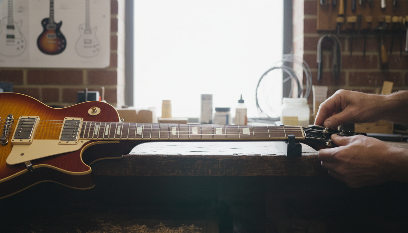 Hands adjusting the headstock of a sunburst electric guitar in a luthier's workshop with repair tools in background