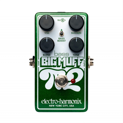 Electro-Harmonix Bass Big Muff Pi green bass fuzz pedal with four control knobs, footswitch and input/output jacks