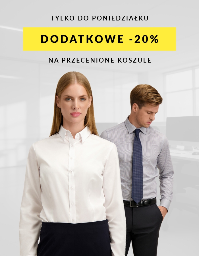 Office scene with woman and man modelling white and striped shirts, yellow banner: additional 20% off discounted shirts — offer until Monday