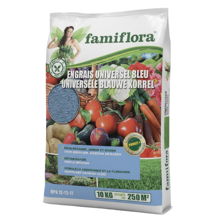 Famiflora universal blue granular fertiliser, 10 kg bag (NPK 12-12-17) for vegetable garden, lawn and flowering plants