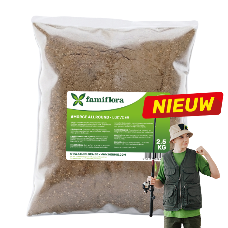 Famiflora Amorce Allround 2.5 kg fishing groundbait bag with label, boy in fishing vest holding a rod