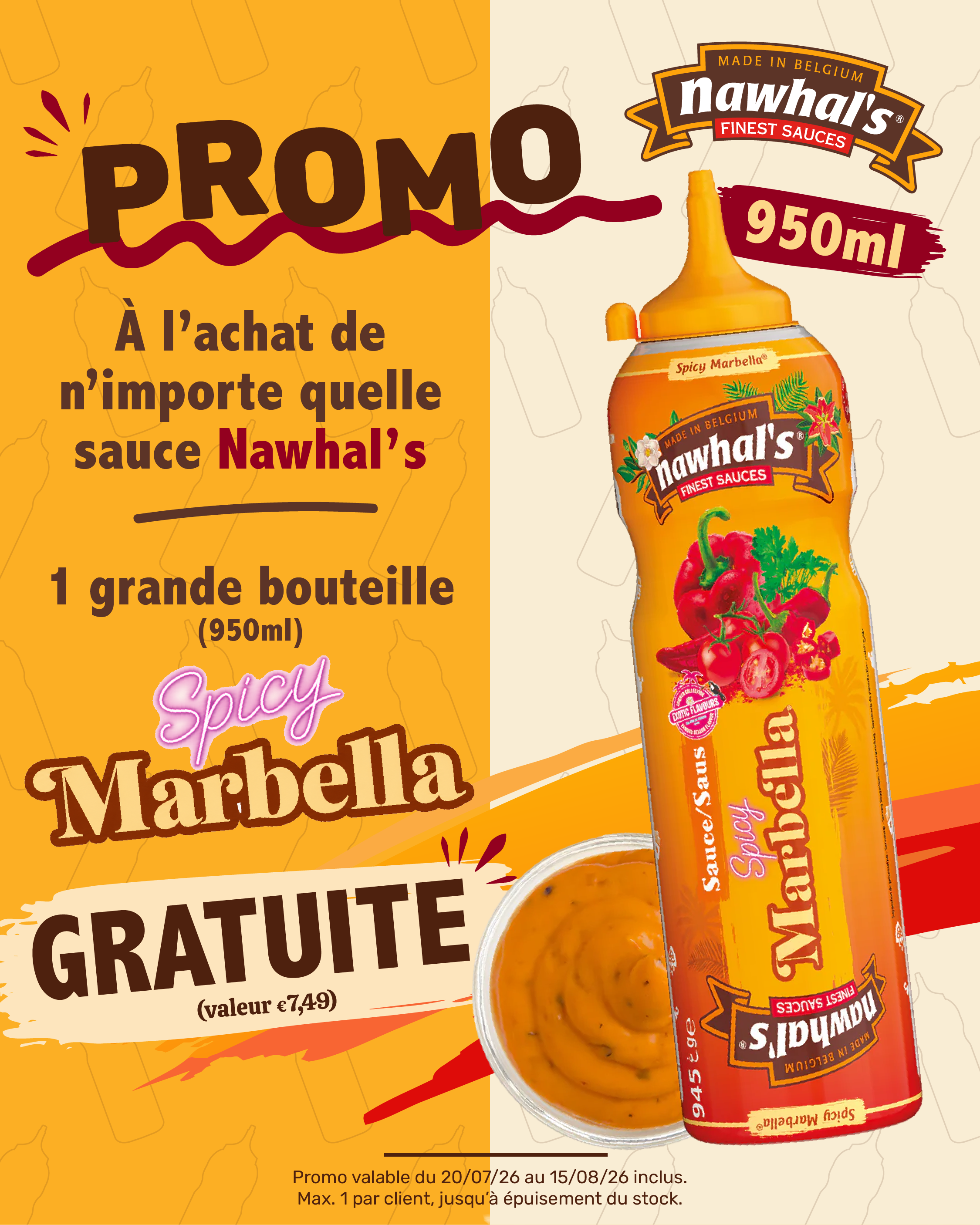 Promotional poster: free 950ml Nawhal’s Spicy Marbella sauce bottle with purchase of any Nawhal’s sauce — limited time offer.