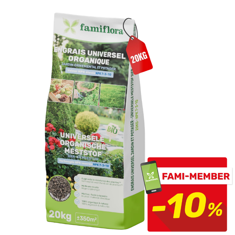Famiflora 20kg organic universal fertiliser bag (NPK 7-3-10) for ornamental gardens and vegetable plots, FAMI‑MEMBER -10% badge