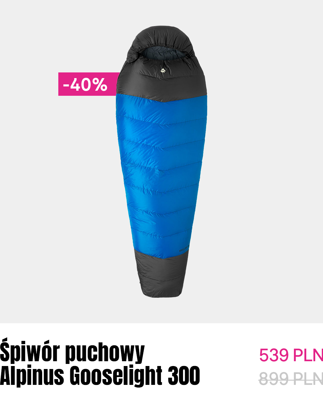 Blue and black mummy down sleeping bag (Alpinus Gooselight 300) on white background with pink -40% discount label and price text