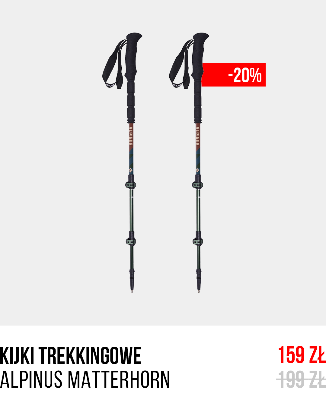 Pair of Alpinus Matterhorn adjustable trekking poles with ergonomic grips and wrist straps, red -20% discount tag, 159 zł