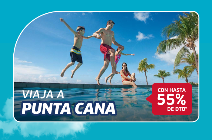 Family jumping into an infinity pool at a tropical Punta Cana resort with palms and blue sky, promotional badge 'up to 55% off'