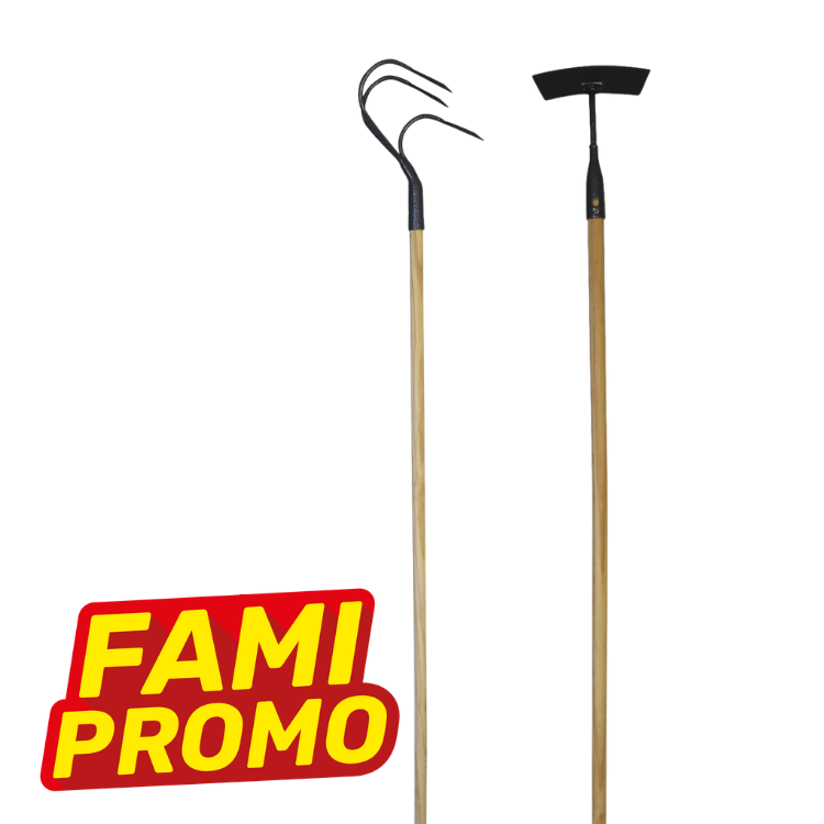 Two long-handled garden tools: three-pronged cultivator and flat hoe with wooden handles on white background, red FAMI PROMO badge