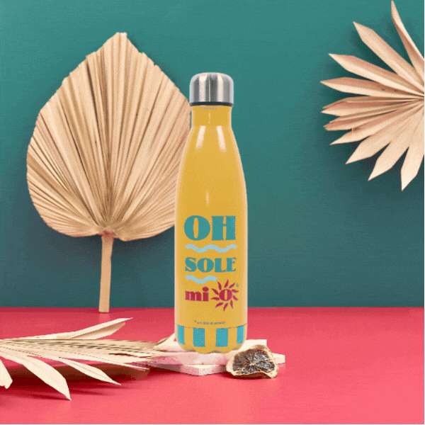 Four colourful stainless-steel water bottles (yellow, purple, red, turquoise) with summer graphic text, arranged in a four-quadrant grid with dried palm leaves on teal and pink background