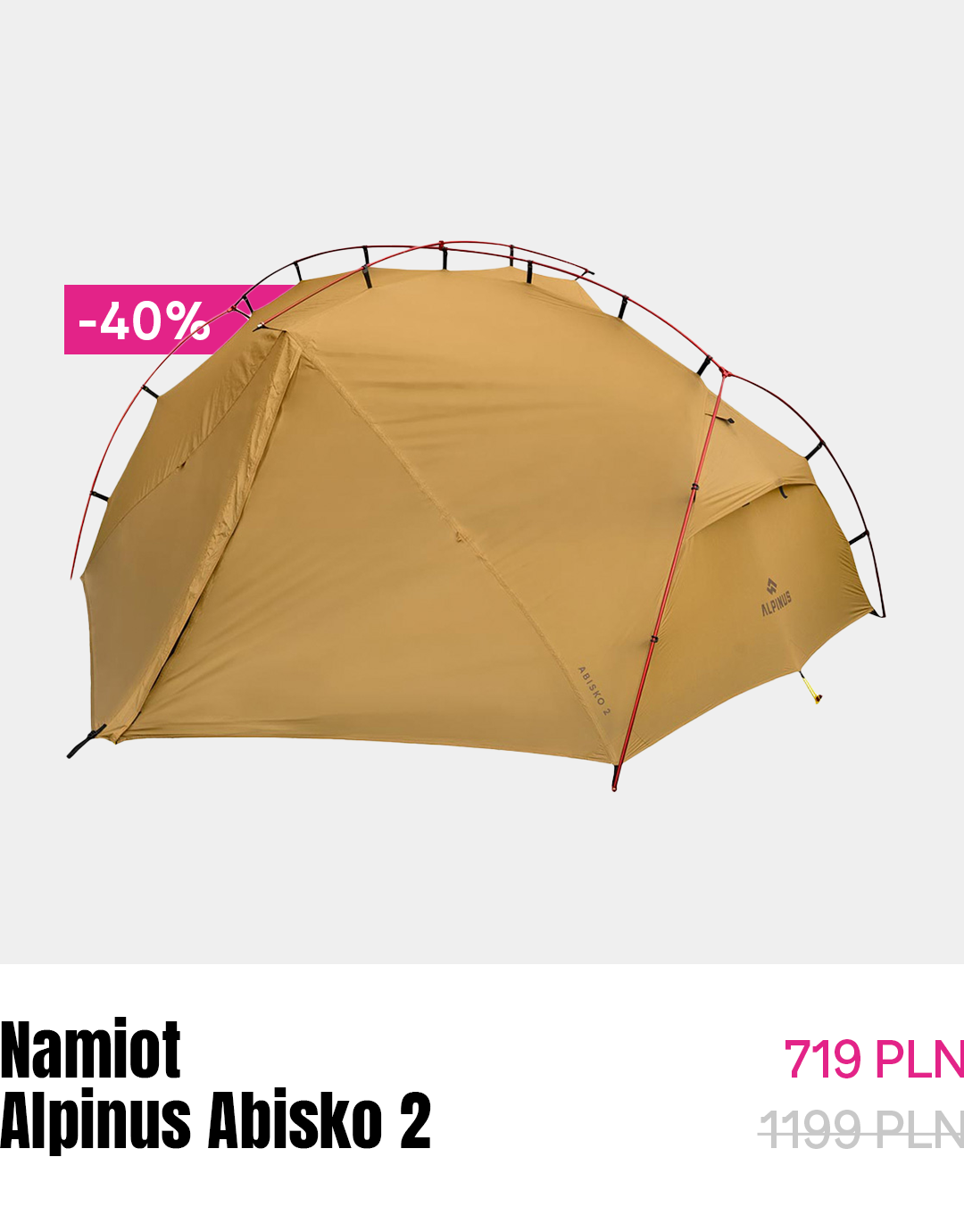Yellow two-person Alpinus Abisko 2 backpacking tent with external poles and -40% sale badge on pale background