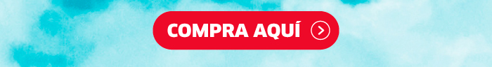 Red rounded 'Buy here' call-to-action button with white text and right arrow on an aqua cloudy background