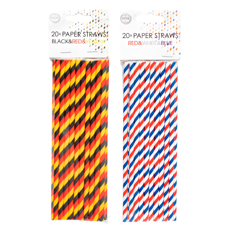 Two packets of 20 paper straws: left with black, red and yellow diagonal stripes; right with red, white and blue diagonal stripes