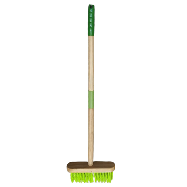Long-handled wooden deck brush with bright green synthetic bristles and green grip sections on a white background