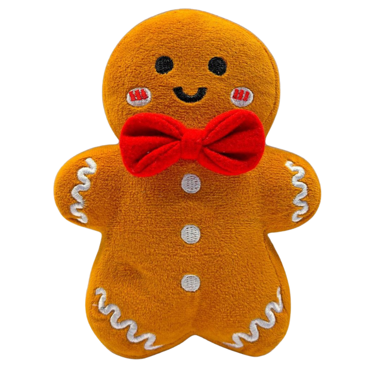 Plush gingerbread man with red bow tie, smiling face, white icing trim and three buttons on white background