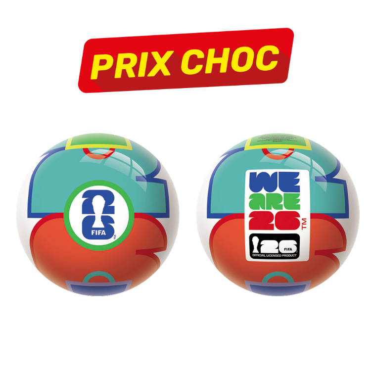 Two colourful FIFA 26 promotional footballs with We Are 26 logo and red PRIX CHOC sale banner above