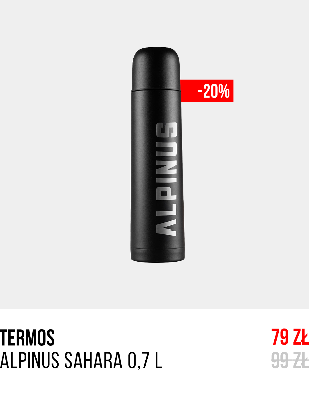 Black Alpinus Sahara 0.7 L vacuum flask with bold vertical logo and red -20% discount badge on light background