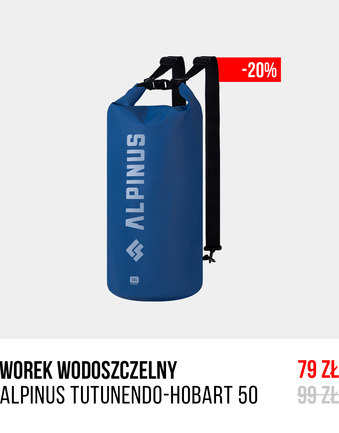 Blue Alpinus 50L waterproof dry bag with black shoulder strap and roll-top closure, shown with -20% discount badge