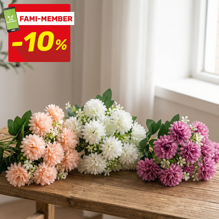 Three bouquets of peach, white and mauve chrysanthemums on a wooden table by a window, red 'FAMI-MEMBER -10%' badge