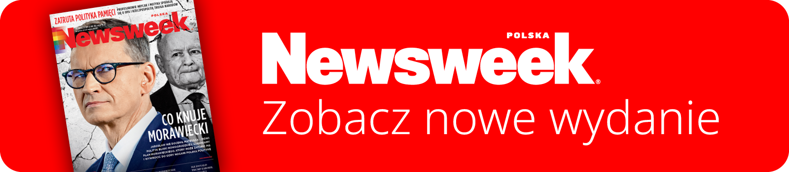 Okładka magazynu Newsweek Polska z napisem „Zobacz nowe wydanie” i portretami dwóch mężczyzn