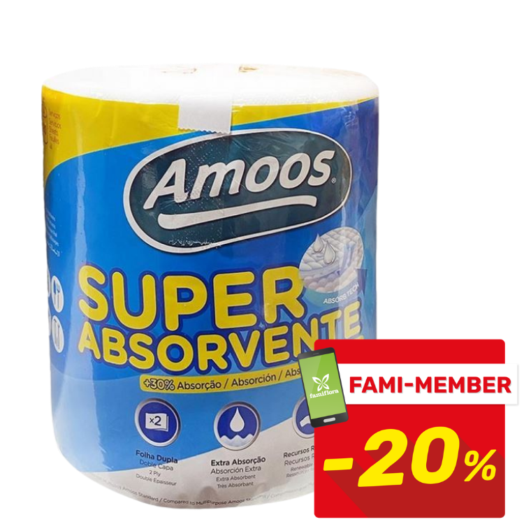 Amoos Super Absorbente kitchen roll in blue packaging, extra absorbent label and red Fami‑Member −20% discount badge
