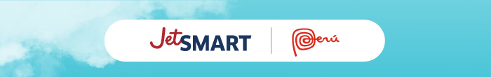 JetSMART and Perú logos on a turquoise cloudy banner promoting travel partnership