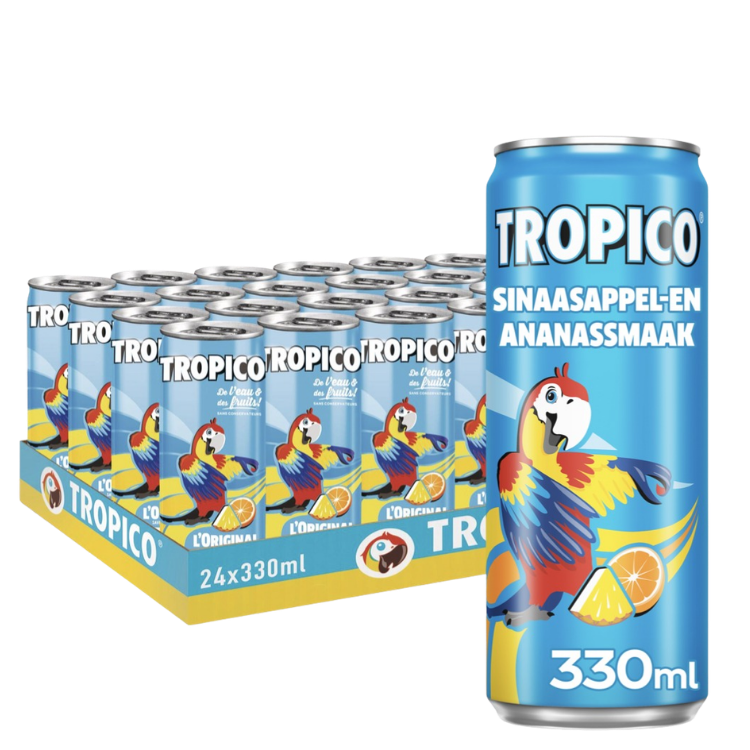 Pack of 24 Tropico 330ml cans, orange and pineapple flavoured soft drink with colourful parrot on blue can