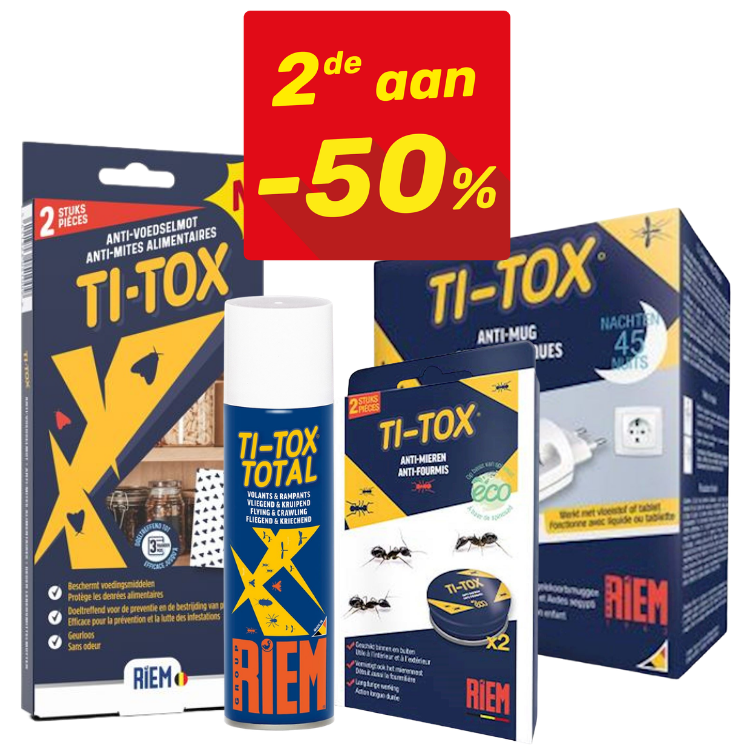 TI-TOX pest control range — ant, mite and moth traps, aerosol and plug‑in device with red sale badge '2de aan -50%'