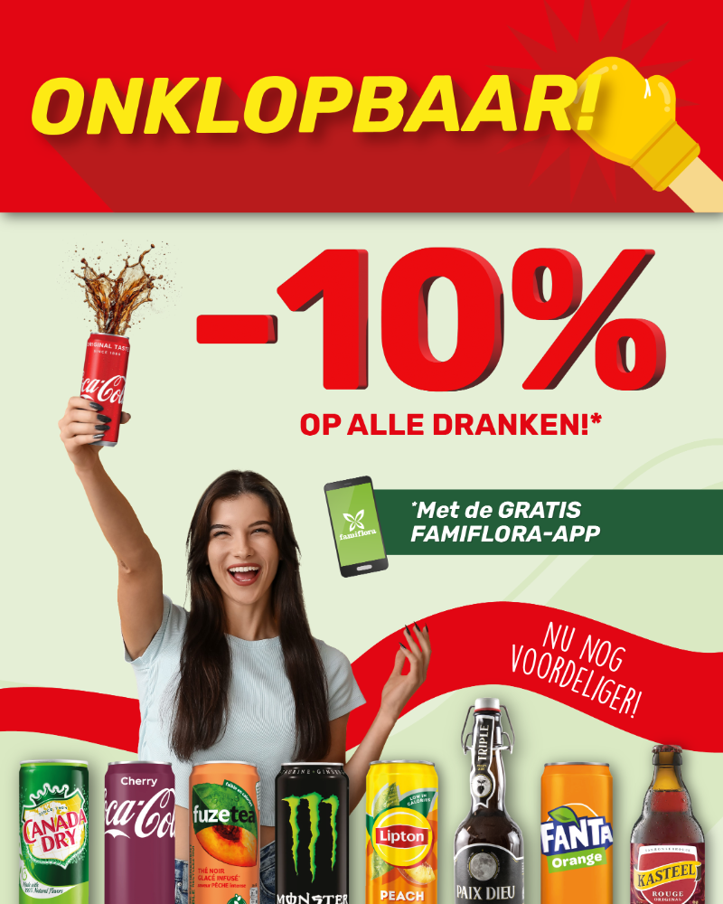 Promotional banner: smiling woman holding Coca‑Cola can, bold “-10% off all drinks” text, assorted beverage cans and Famiflora app offer
