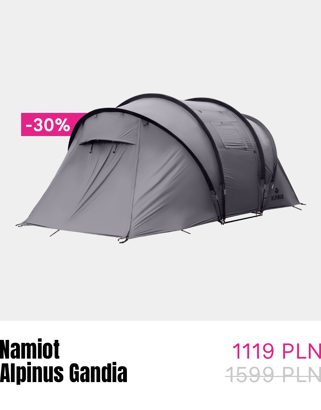 Alpinus Gandia grey tunnel camping tent, four-person shelter shown with -30% sale badge and reduced price