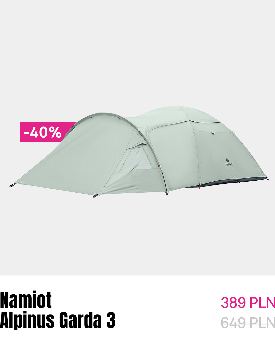 Three-person Alpinus Garda 3 tunnel tent in pale green on white background with -40% sale badge