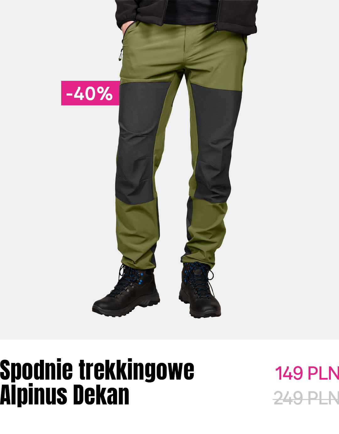 Front view of men's olive green and grey Alpinus Dekan trekking trousers on model with walking boots, -40% sale label