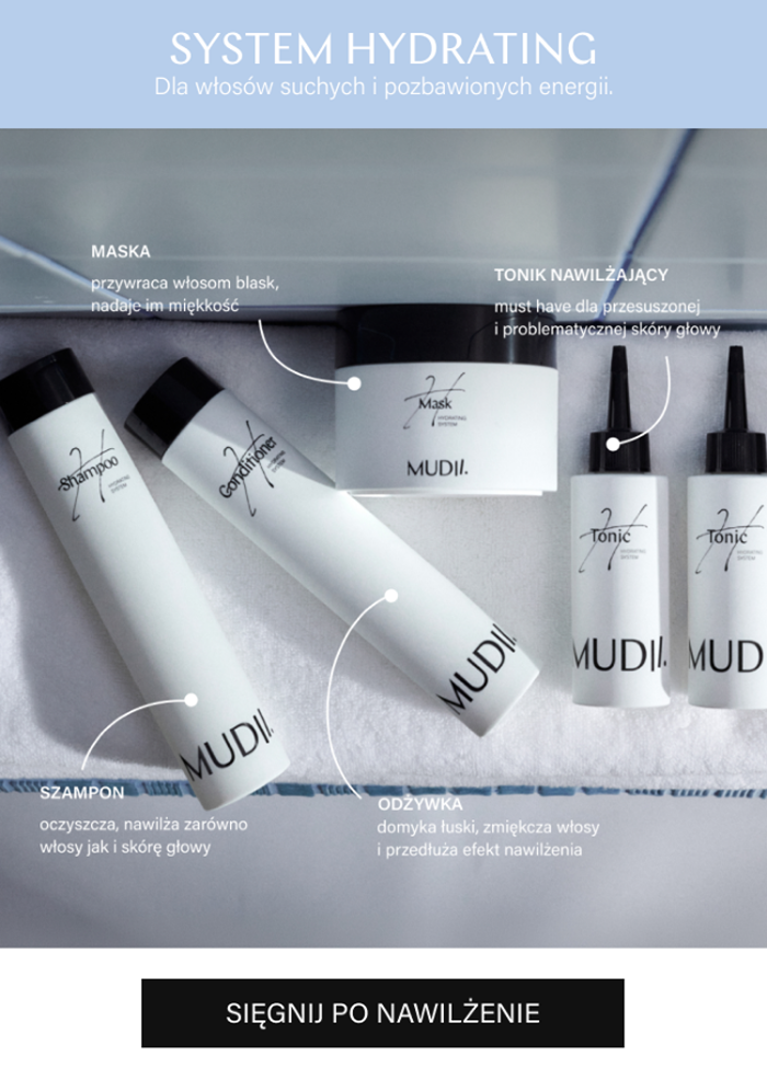 Flatlay of MUDII System Hydrating haircare set: shampoo, conditioner, mask and scalp tonic on a towel with Polish labels