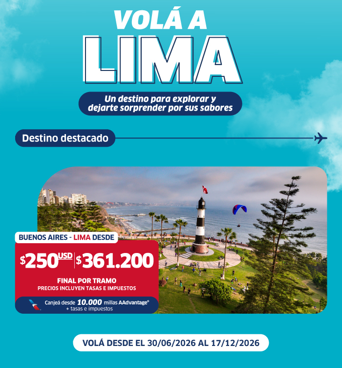Poster advertising flights to Lima with Miraflores lighthouse and coastal park, price offer and travel dates