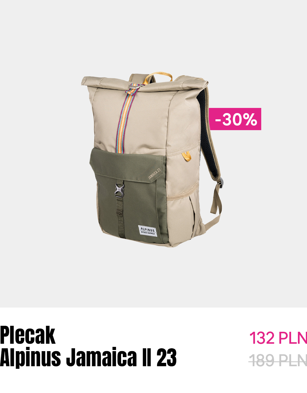 Alpinus Jamaica II 23 roll-top backpack in beige and olive with front pocket and rainbow strap, 30% off label