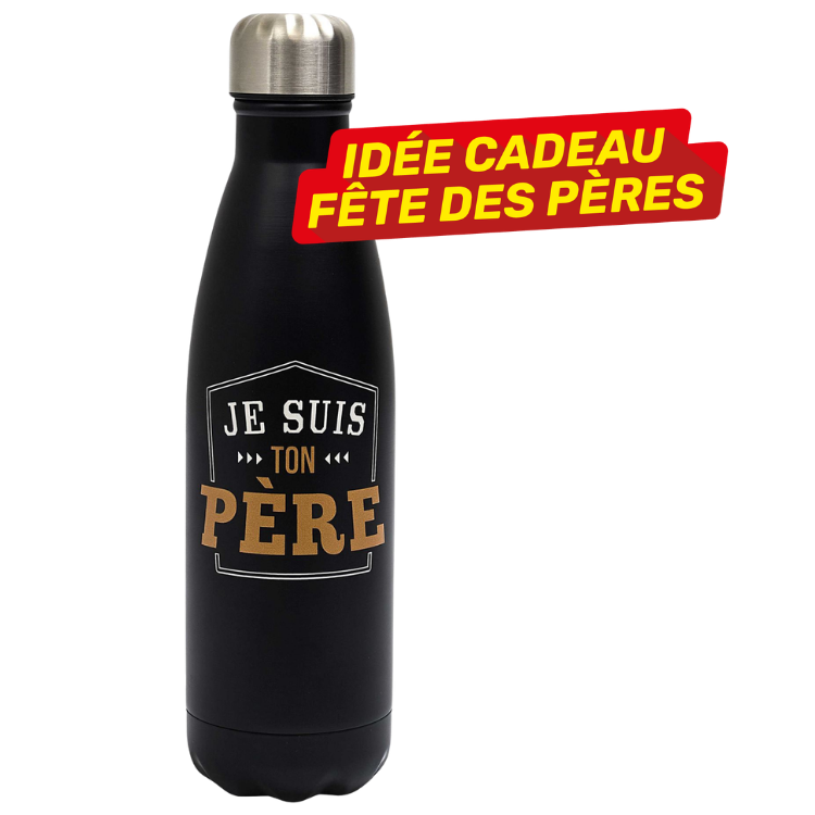 Matte black insulated water bottle with stainless steel cap, gold 'Je suis ton père' print and red Father's Day gift badge