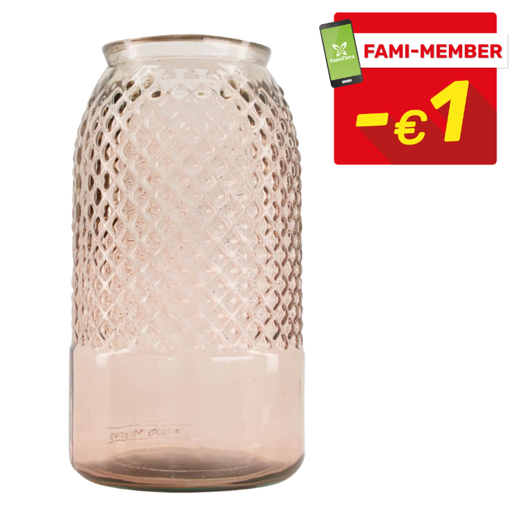 Tall pink textured glass vase with diamond-patterned body and smooth base, shown with red 'FAMI-MEMBER -€1' discount badge