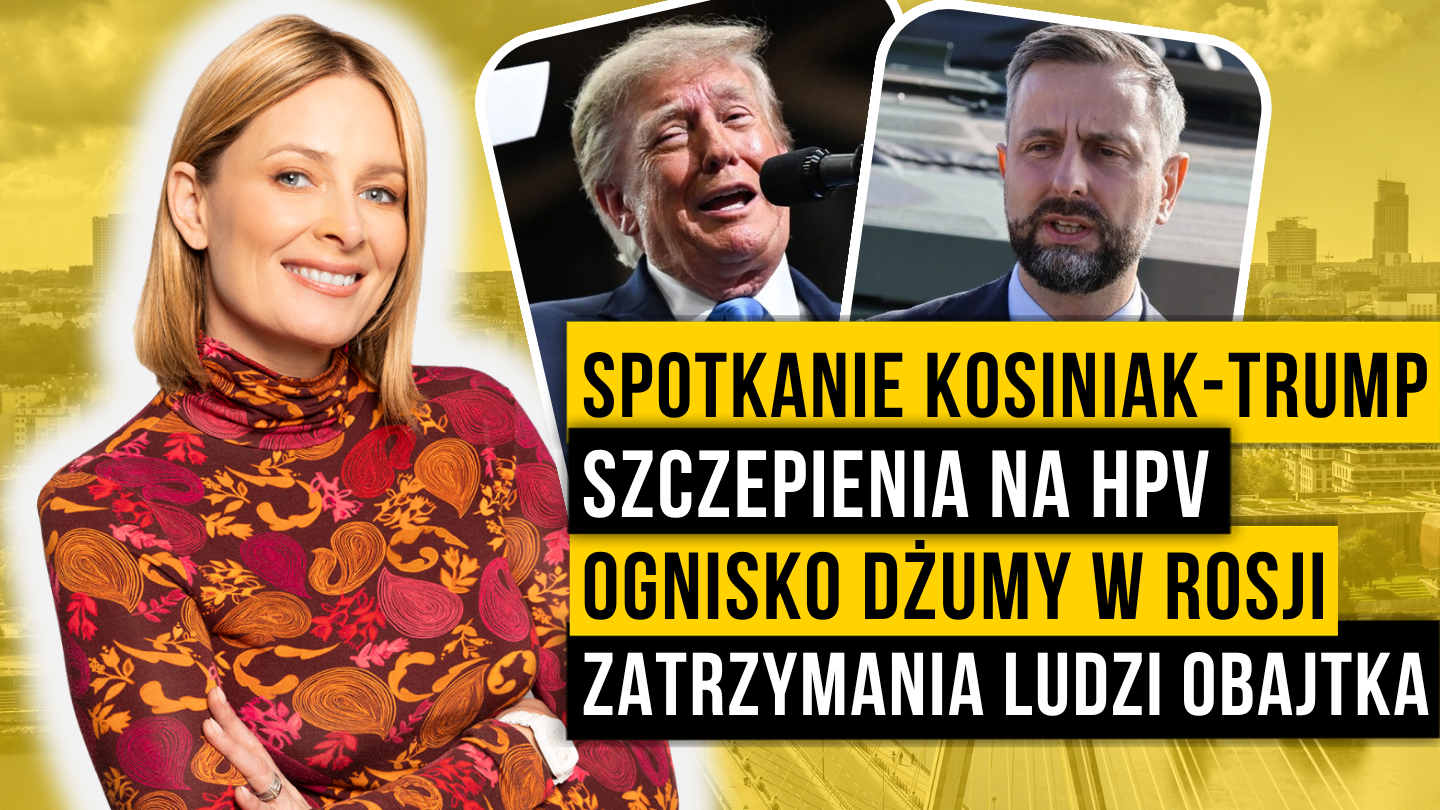 Miniatura wideo: prowadząca z uśmiechem, dwie sylwetki polityków i nagłówki o spotkaniu, szczepieniach HPV, dżumie w Rosji i zatrzymaniach