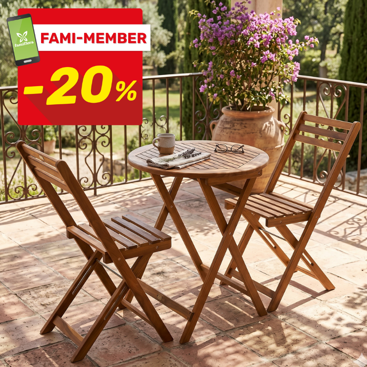 Sunlit wooden bistro table and two folding chairs on a terracotta terrace with a mug, glasses, newspaper and potted pink flowers; red 'FAMI-MEMBER -20%' discount badge