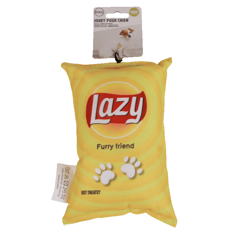 Three plush dog toys shaped like snack bags: yellow 'Lazy', blue 'Dogritos' and orange 'Cheedog Party Size' hanging on a white background