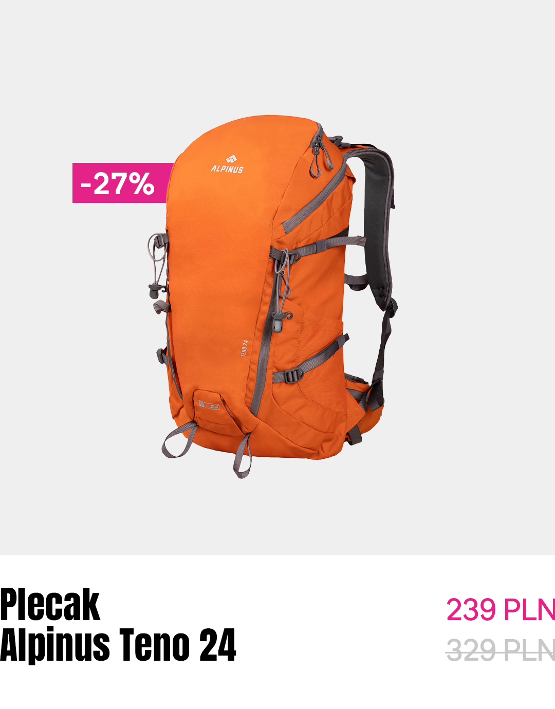 Orange Alpinus Teno 24 hiking backpack (24L) with padded shoulder straps and hip belt, -27% sale badge