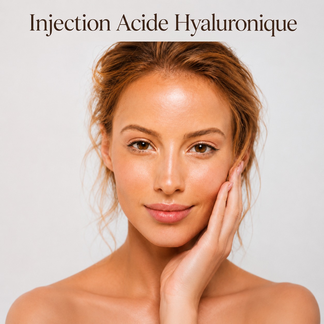 Portrait of a woman with glowing skin touching her cheek, promotional text 'Injection Acide Hyaluronique' above — skincare treatment ad