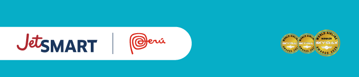 JetSMART Peru logo on turquoise banner with white rounded panel and two gold Skytrax award seals